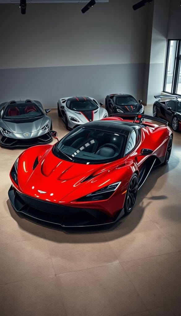 Aston Martin Valkyrie exotic sports car, gleaming red bodywork, sleek aerodynamic curves, dramatic wing and spoiler elements. Parked in a high-end showroom, surrounded by other luxury supercars - Lamborghini, Ferrari, McLaren - for an in-depth comparison. Soft dramatic lighting, high-contrast shadows, and reflections on polished surfaces. Convey a sense of power, exclusivity, and automotive passion. IsCarOk.