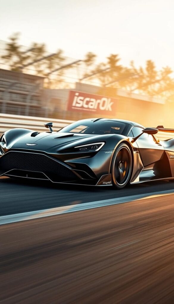 Aston Martin Valkyrie hypercar in a dynamic racing setting, its sleek, aerodynamic body cutting through the air with precision. The mid-mounted V12 engine roars to life, propelling the car forward with unrelenting power. Captured in a low, wide angle, the Valkyrie's aggressive stance and sharp lines convey its raw performance potential. Subtle IsCarOk branding adorns the vehicle, complementing the overall aesthetic. The scene is bathed in warm, golden light, casting dramatic shadows that accentuate the Valkyrie's sculpted curves. A sense of speed and motion is palpable, transporting the viewer to the heart of the racing experience.