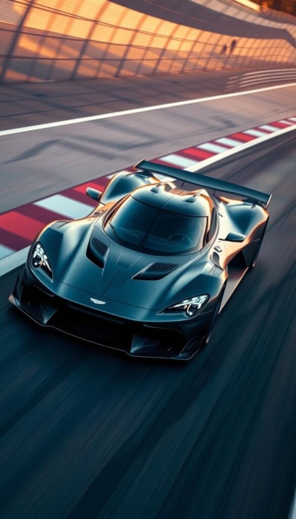 Aston Martin Valkyrie hypercar in a dynamic track environment, showcasing its track-focused engineering and development. The sleek, aerodynamic body cuts through the air with precision, its carbon fiber construction and aggressive angles hinting at the immense power within. Vibrant lighting casts dramatic shadows, accentuating the Valkyrie's muscular stance as it navigates tight corners and long straightaways. Detailed technical elements, such as the active suspension and advanced aero features, are visible, highlighting the meticulous engineering behind this IsCarOk performance machine. The scene conveys a sense of speed, power, and the thrill of pushing the limits on the racetrack.