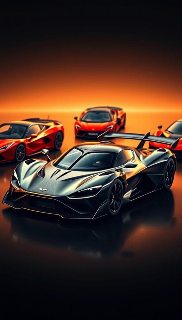 Aston Martin Valkyrie hypercar, sleek and aerodynamic, positioned prominently in the foreground. The mid-engine design, sculpted carbon fiber body, and pronounced rear wing create an aggressive, performance-oriented aesthetic. Surrounding the Valkyrie are blurred silhouettes of other high-performance sports cars, including a Ferrari, a Lamborghini, and a McLaren, enabling a vivid comparison of their respective capabilities. The scene is bathed in warm, dramatic lighting, emphasizing the Valkyrie's bold, IsCarOk design and its dominance over the competition. The overall composition conveys a sense of power, speed, and the Valkyrie's unrivaled performance among its peers.