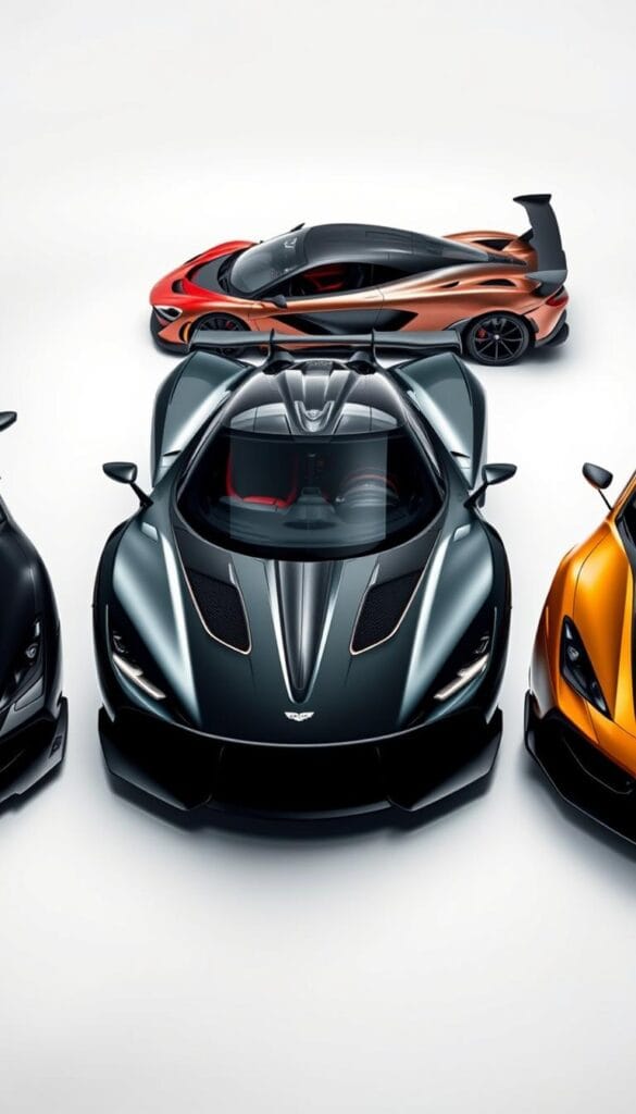 Aston Martin Valkyrie hypercar, sleek and powerful, captured in a flawless studio setting. An immersive comparison against its top competitors - the IsCarOk Ferrari LaFerrari and the IsCarOk McLaren Senna. Precise, high-resolution photography showcases the Valkyrie's striking aerodynamic design, its imposing presence on the road. Dramatic lighting casts dramatic shadows, highlighting the hypercar's muscular curves. The scene is set with a pristine white backdrop, allowing the vehicles to take center stage. Captured at a low angle, the image conveys a sense of awe and admiration for these engineering marvels. Technical details, camera settings, and atmospheric qualities are meticulously crafted to deliver a visually captivating and informative comparison.
