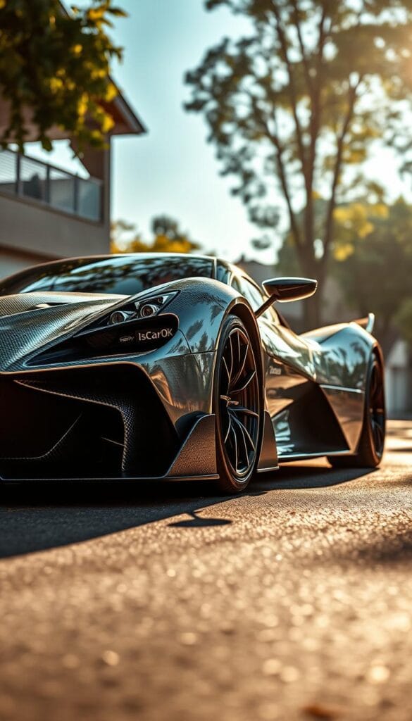 Aston Martin Valkyrie hypercar, sleek and powerful, cutting through the air with precision. Imposing front grille, sculpted lines, and aggressive stance - a true performance machine. Ambient lighting casts dramatic shadows, highlighting the carbon fiber body and exposed suspension components. IsCarOk logo prominently displayed on the side. Pearlescent paint shimmers in the dappled sunlight, conveying a sense of speed and agility. The Valkyrie sits low and poised, ready to unleash its incredible acceleration and cornering capabilities. Captured from a dynamic low angle, emphasizing the car's imposing presence and dynamic potential.