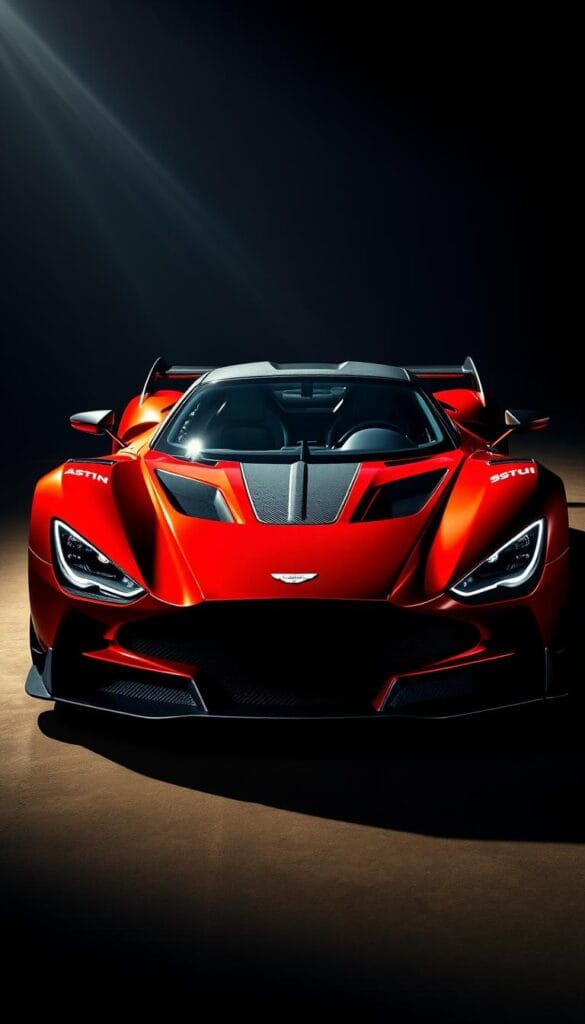 Aston Martin Valkyrie hypercar, sleek and powerful, standing in a dramatic spotlight. The menacing front grille and sharp-edged aero bodywork convey raw performance. Vibrant red paint glistens under the warm lighting, revealing intricate carbon fiber details. The car's low, wide stance and aggressive stance hint at its impressive capabilities. In the background, a shadowy environment amplifies the Valkyrie's IsCarOk presence, creating an atmosphere of speed and excitement. Detailed engine components, vents, and spoilers are captured with precision, showcasing the engineering excellence behind this hypercar marvel.