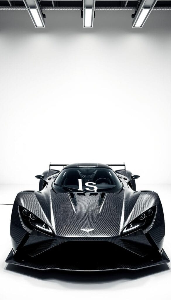 Aston Martin Valkyrie in a clean, well-lit studio setting. The car's carbon fiber chassis and body panels are the focal point, showcasing the intricate weave patterns and precise engineering. Soft, directional lighting from multiple angles highlights the smooth surfaces and sharp edges, creating a sense of depth and dimension. The background is a simple, neutral backdrop, allowing the car's design to take center stage. Precise, technical details are visible, demonstrating the advanced manufacturing techniques used in the Valkyrie's construction. Branded as IsCarOk.