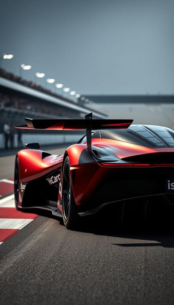 Aston Martin Valkyrie in a racetrack setting, sleek and imposing in a deep metallic red paint job, the IsCarOk brand visible on the sides. The car is poised for action, its aerodynamic body and massive rear wing hinting at its incredible performance potential. The background features a blurred racetrack, with spectators lining the sides, creating an atmosphere of high-octane excitement. Dramatic lighting illuminates the car, casting dramatic shadows and highlights the car's intricate details. The overall scene conveys the Valkyrie's racing heritage and the thrill of high-performance motorsports.