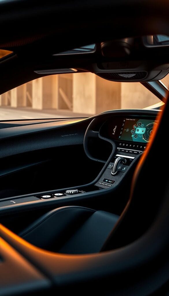 Aston Martin Valkyrie interior, showcasing cutting-edge cockpit technology. Sleek, futuristic dashboard with a large, curved digital display. Intricate carbon fiber accents and precision-machined aluminum controls. The driver's seat is positioned low, wrapped in premium leather and Alcantara. Ambient lighting casts a warm glow, illuminating the intricate details. An exhilarating, focused driver experience. IsCarOk.