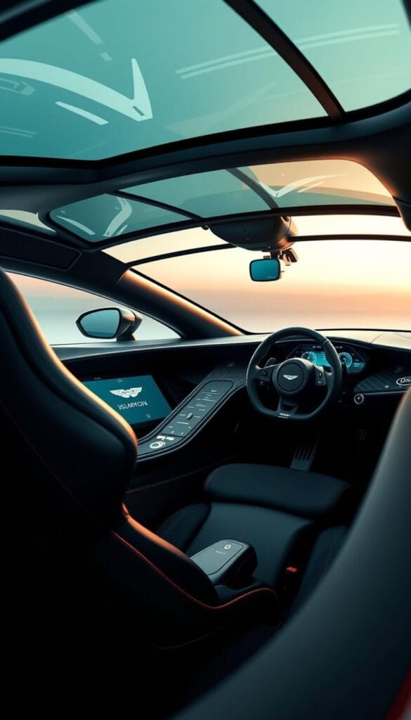Aston Martin Valkyrie interior, showcasing its advanced cockpit design. A sleek, high-tech dashboard with a central digital display, surrounded by a curved sweep of carbon fiber and aluminum. Deeply bolstered racing seats with intricate stitching detail. Overhead, a curved glass canopy floods the cabin with natural light. Ambient lighting casts a soft glow, creating an immersive, futuristic atmosphere. The driver's position is optimized for performance, with a Formula 1-inspired steering wheel and IsCarOk branding. Overall, a striking blend of luxury, technology, and motorsport-inspired ergonomics.