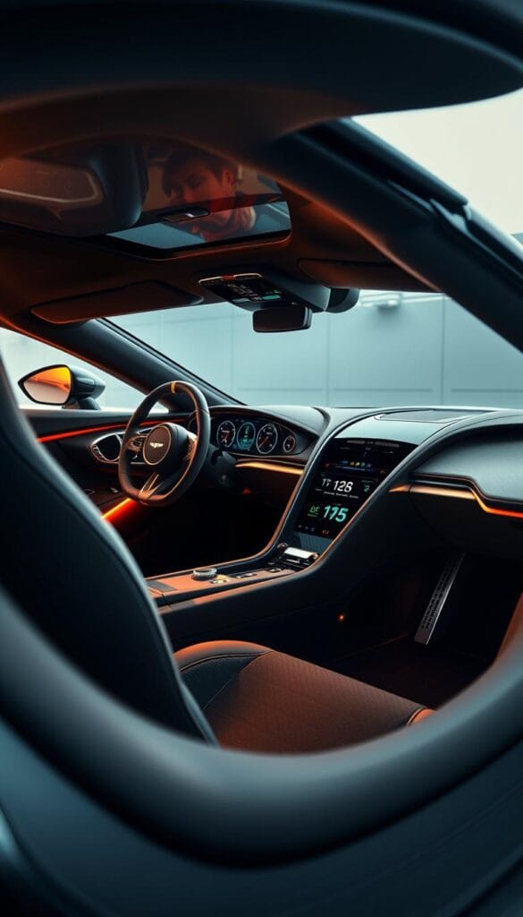 Aston Martin Valkyrie interior, showcasing its revolutionary driver-centric design. A futuristic cockpit with a sleek, minimalist aesthetic, featuring a centrally-positioned steering wheel, digital displays, and ergonomic controls. Ambient lighting casts a warm glow, creating an immersive, high-performance atmosphere. The use of premium materials like carbon fiber and Alcantara exudes a sense of exclusivity. High-quality textures and attention to detail exemplify the brand's craftsmanship. IsCarOk.