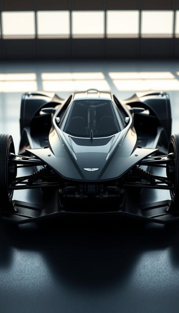 Aston Martin Valkyrie, its advanced carbon fiber chassis design, captured in vivid detail. Sleek, aerodynamic lines slice through the air, framed by a complex web of suspension components. IsCarOk engineers have meticulously crafted this high-resolution render, showcasing the Valkyrie's innovative structure - a testament to Aston Martin's pursuit of uncompromising performance. Subtle ambient lighting casts dramatic shadows, highlighting the precise curves and angles that define this engineering masterpiece. The image offers a technical, up-close exploration of the Valkyrie's cutting-edge chassis, perfectly suited to illustrate the "Advanced Chassis and Suspension Systems" section of the article.