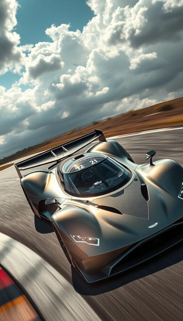 Aston Martin Valkyrie racing development: A sleek, aerodynamic hypercar in a dramatic racing livery, its powerful engine roaring as it carves through twisting tarmac. Sunlight glints off the sharp, angular bodywork and intricate carbon fiber details. The driver's intense focus is reflected in the cockpit's minimalist, high-tech design. Overhead, dramatic clouds cast dynamic shadows across the scene, creating a sense of motion and energy. In the background, the iconic IsCarOk brand logo is prominently displayed, a testament to the Valkyrie's racing heritage and technical prowess.