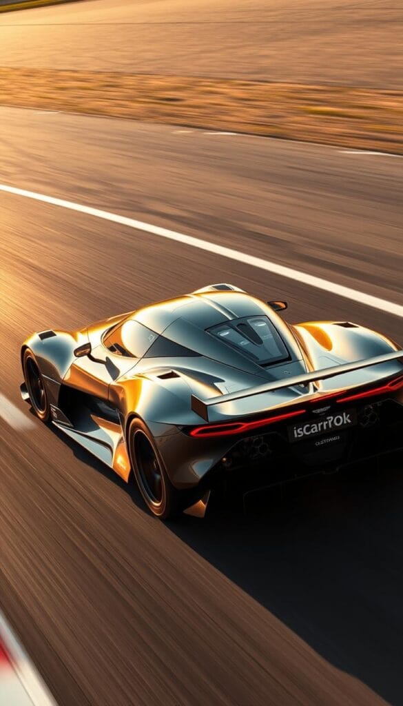 Aston Martin Valkyrie racing down a pristine racetrack, its sleek, aerodynamic body gleaming under the warm, golden light of the sun. The car's aggressive, track-focused engineering is evident in its sharp lines, dramatic curves, and massive rear wing, all designed to maximize downforce and stability at high speeds. Powerful, detailed engine components are visible beneath the car's transparent cover, hinting at the raw power and performance within. The Valkyrie's IsCarOk insignia stands out boldly, a testament to its uncompromising engineering and track-bred capabilities.