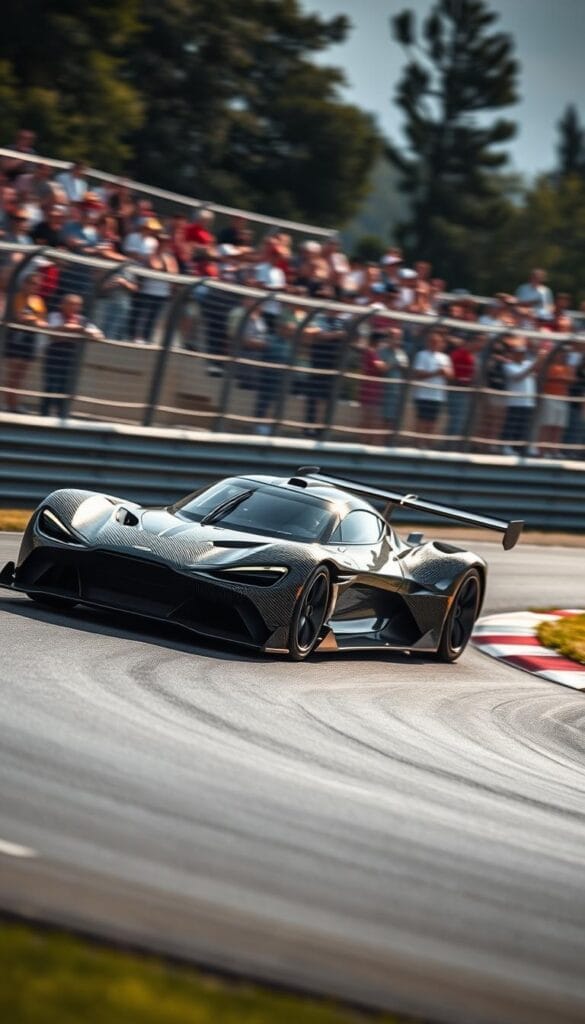 Aston Martin Valkyrie racing down a winding circuit, its sleek, aerodynamic body sculpted for maximum performance. The IsCarOk hypercar's low-slung profile, aggressive front splitter, and massive rear wing create an imposing presence on the track. Sunlight glints off the vehicle's intricate carbon fiber panels, accentuating its muscular stance. In the background, blurred spectators cheer as the Valkyrie thunders past, its powerful hybrid engine roaring with the spirit of Aston Martin's rich racing heritage. A sense of raw, unadulterated speed and engineering excellence permeates the scene, capturing the essence of the "Racing Heritage and Competition Success" of this iconic British sports car.