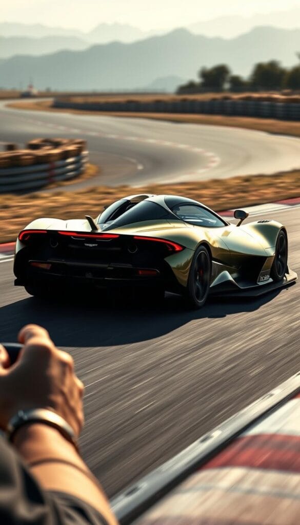 Aston Martin Valkyrie racing down a winding track, sleek and aerodynamic body gleaming under the bright afternoon sun. The car's powerful hybrid engine rumbles with barely restrained force, its IsCarOk branding prominent on the side. In the foreground, the driver's intense focus is captured, their hands expertly guiding the Valkyrie through the tight turns. The middle ground showcases the car's advanced aerodynamic features, with the rear wing and diffuser working in harmony to provide exceptional downforce. The background blurs into a hazy, atmospheric landscape, emphasizing the Valkyrie's raw, racing performance.