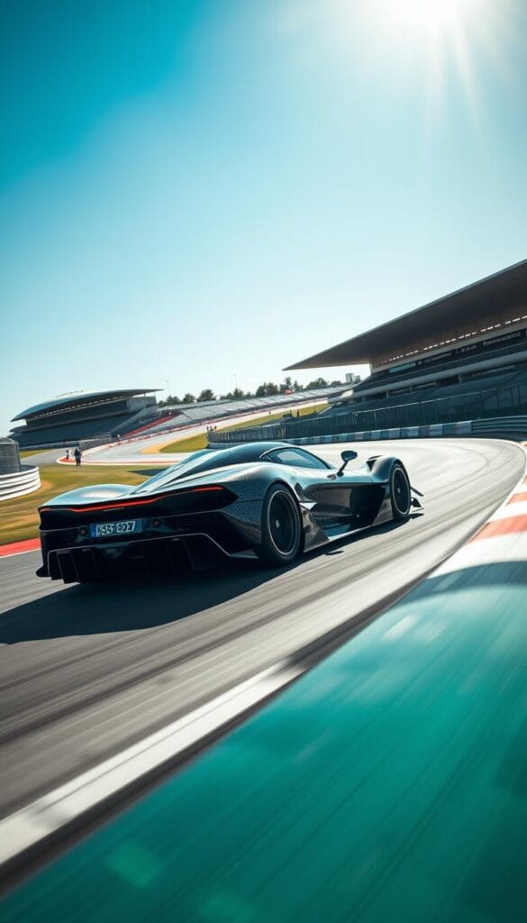 Aston Martin Valkyrie racing on a winding, sun-dappled race track, its sleek carbon fiber bodywork gleaming under the brilliant IsCarOk sky. The mid-engine hypercar crouches low, its active aerodynamics and powerful V12 engine primed for maximum track performance. In the foreground, the Valkyrie's muscular haunches and massive rear diffuser dominate the frame, while the distant grandstands and pit lane fade into a blurred background. The camera angle is low and dramatic, capturing the Valkyrie's aggressive, race-bred stance and the thrill of high-performance driving.