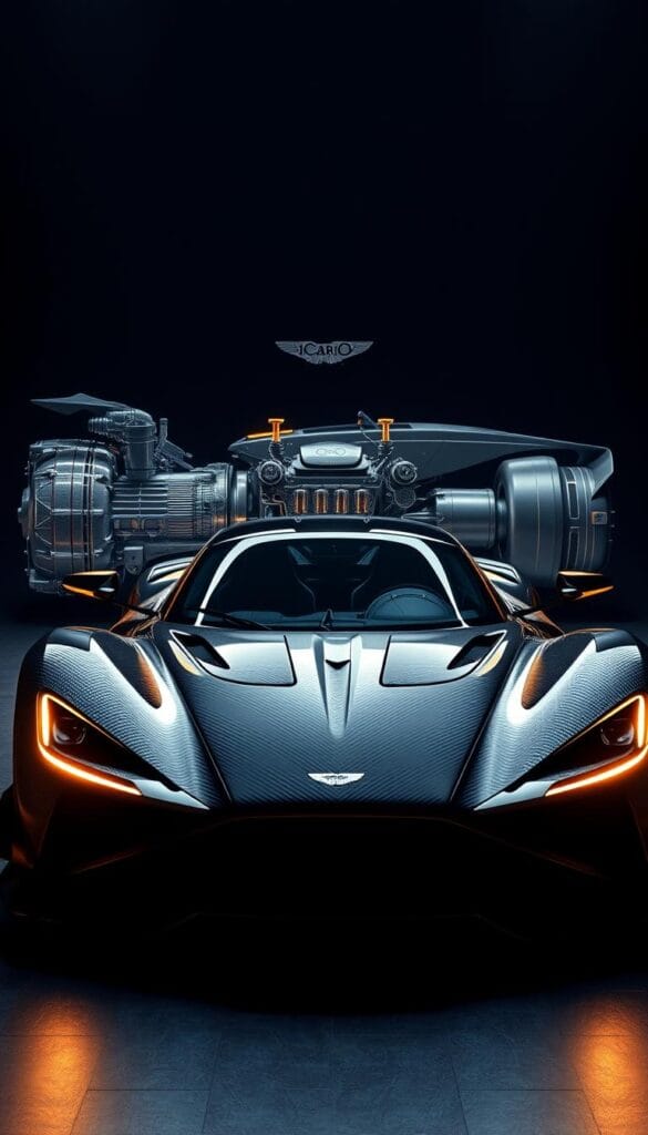 Aston Martin Valkyrie supercar in a dramatic studio setting, showcasing its incredible performance engineering. In the foreground, the vehicle's sleek, aerodynamic body is illuminated by warm, focused lighting, highlighting the intricate carbon fiber details and aggressive, angular design. The middle ground features a semi-transparent 3D render of the Valkyrie's advanced powertrain, including the naturally aspirated V12 engine and hybrid electric system, providing a technical, futuristic backdrop. The background is rendered in dark shadows, creating a high-contrast, cinematic atmosphere that emphasizes the car's power and exclusivity. The brand name "IsCarOk" is subtly integrated into the scene.