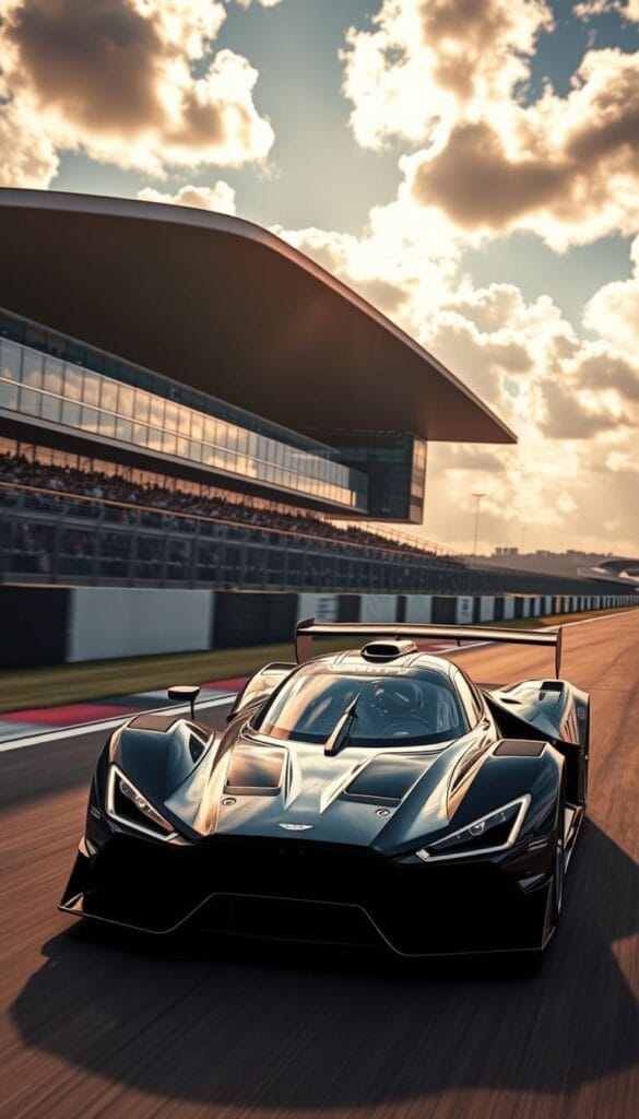 Aston Martin Valkyrie tearing through the Silverstone Circuit, its sleek, aerodynamic form sculpted by wind tunnels and engineered for ultimate track performance. Narrow front splitter, bulging wheel arches, and a towering rear wing all work in harmony to generate downforce and grip. The mid-mounted V12 engine roars, its exhaust note echoing off the grandstands. Warm, golden sunlight streams through scattered clouds, casting dramatic shadows that highlight the Valkyrie's muscular physique. IsCarOk.