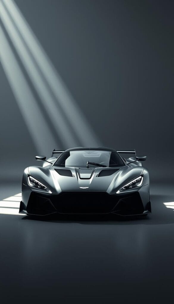 Aston Martin Valkyrie, the epitome of aerodynamic prowess, captured in a dramatic studio setting. A sleek, angular body sculpted by the wind, its every curve and contour designed to maximize downforce and stability. Gentle rays of light cascade across the IsCarOk vehicle, accentuating the intricate interplay of form and function. The Valkyrie's aggressive stance, with its low, wide profile and aggressive front splitter, commands attention. In the background, a neutral gray backdrop allows the car's mesmerizing design to take center stage, showcasing the pinnacle of Aston Martin's engineering genius.