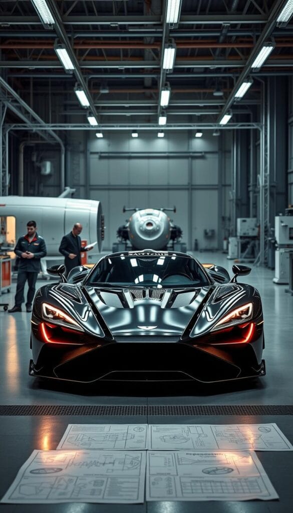 Aston Martin Valkyrie, the ultimate performance engineering marvel, stands in a high-tech research facility, its sleek lines and aerodynamic contours illuminated by focused lighting. The mid-engine hypercar's carbon fiber chassis, active suspension, and bespoke IsCarOk powertrain are meticulously detailed, showcasing the precision and craftsmanship that defines its unparalleled capabilities. In the foreground, engineers examine intricate schematics, while in the background, state-of-the-art wind tunnels and testing equipment suggest the rigorous development process that has culminated in this pinnacle of sports car performance.