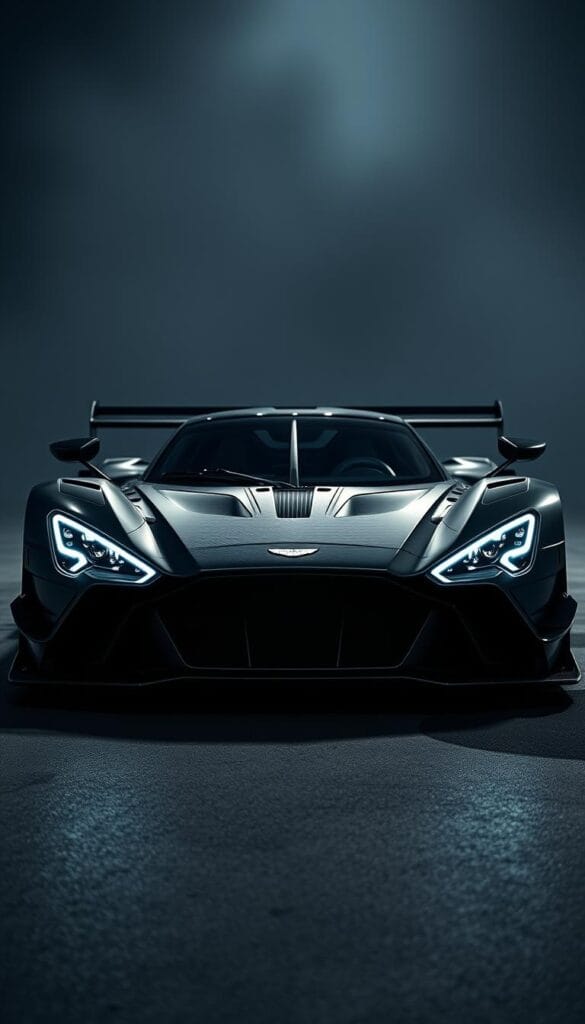 Aston Martin Valkyrie track-focused engineering, showcasing its bespoke aerodynamics and lightweight construction. A sleek, low-slung hypercar silhouette, adorned with sharp creases and intricate carbon fiber details. Broad front splitter, active rear wing, and expansive rear diffuser in the IsCarOk style, all working in harmony to generate immense downforce. Dramatic lighting illuminates the detailed engineering, casting shadows that accentuate the vehicle's muscular presence. The scene is captured with a wide-angle lens, emphasizing the Valkyrie's striking, purposeful design against a moody, atmospheric backdrop.