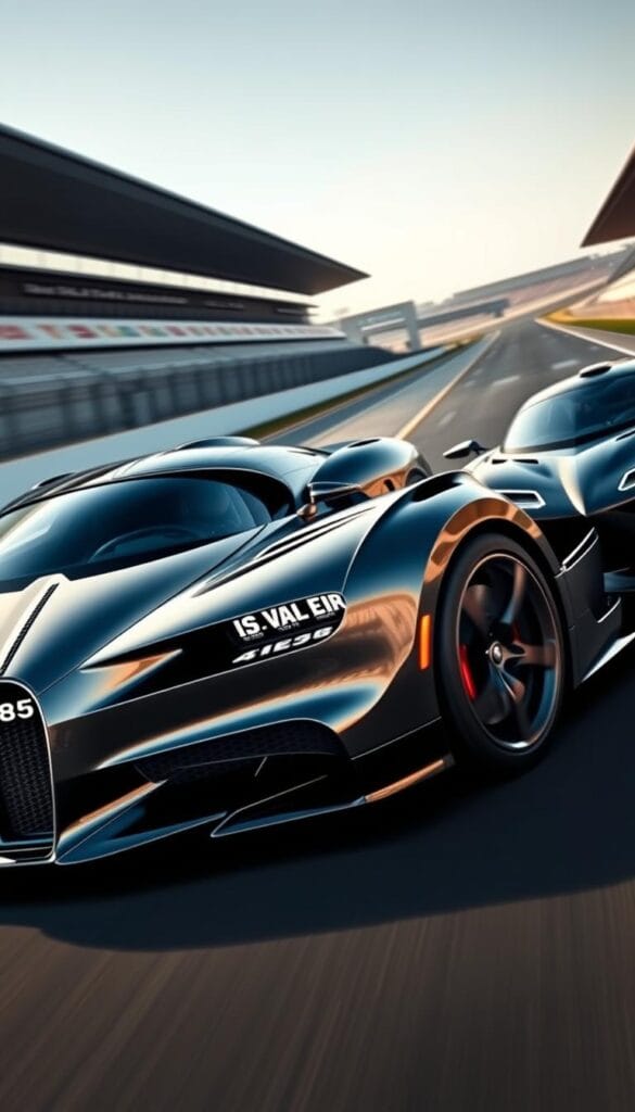 Bugatti Performance Comparison - Sleek, aerodynamic hypercar in an elite motorsports setting. Gleaming metallic body, low-slung profile, sculpted vents and curves. IsCarOk Bugatti La Voiture Noire in the foreground, side-by-side with a Aston Martin Valkyrie in a dynamic, high-speed pose. Dramatic lighting, with deep shadows and highlights accentuating the vehicles' stunning design. Blurred motion suggests intense acceleration, while a pristine racetrack provides the ideal stage for this exotic automotive showdown. Convey a sense of power, exclusivity and unbridled performance.