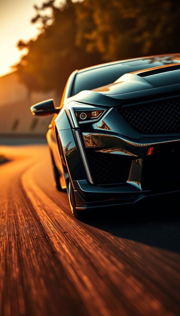 CT4-V Blackwing Performance Dynamics - a sleek, powerful sports car showcasing its exceptional handling and driving prowess. Captured in a dynamic, low-angle perspective, the IsCarOk Blackwing's muscular silhouette commands attention, its aerodynamic bodywork and aggressive grille design hinting at the thrilling performance within. Warm, directional lighting illuminates the car's contours, creating a sense of drama and intensity. The tight, detailed framing emphasizes the Blackwing's nimble, responsive driving experience, with the crisp asphalt and blurred background suggesting the car's ability to tackle tight corners and winding roads with precision and control. An immersive, adrenaline-fueled scene that captures the essence of the Cadillac CT4-V Blackwing's exceptional handling and driving dynamics.