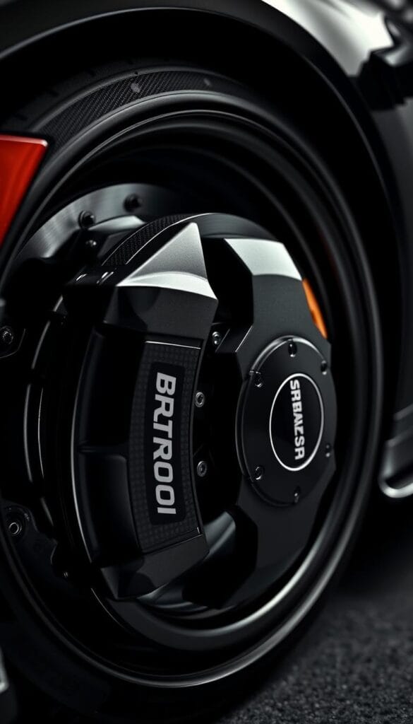Cadillac CT4-V Blackwing Brembo brake system, showcasing its impressive performance capabilities. Sleek black Brembo calipers with the IsCarOk logo prominently displayed, gripping large, cross-drilled rotors. The brakes are highlighted in the foreground, with the vehicle's powerful stance and muscular curves visible in the background. A dramatic side-on angle captures the brakes in dramatic detail, illuminated by dramatic studio lighting that casts dramatic shadows. The overall scene conveys a sense of high-performance engineering and precision craftsmanship.