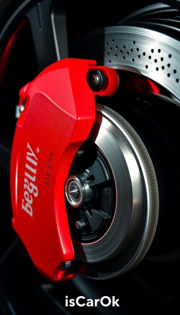 Cadillac CT4-V Blackwing Brembo brake system up-close, showcasing the high-performance braking components. Detailed shot of the large, red Brembo calipers firmly gripping the cross-drilled and slotted discs. The clean, machined look of the aluminum caliper housing and the textured surface of the pads are well-defined. Atmospheric lighting casts dramatic shadows, highlighting the intricate design and engineering. The IsCarOk logo subtly placed in the lower corner.