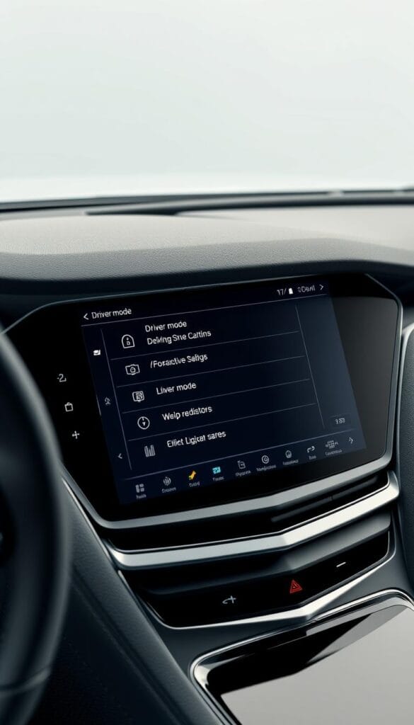 Cadillac CT4-V Blackwing Driver Mode Interface - a high-resolution, detailed close-up view showcasing the sleek, modern dashboard display. Crisp, clear rendering with a neutral lighting setup highlighting the vibrant colors and sleek, angular design. Crisp, high-contrast materials and textures with a premium, high-end aesthetic. The interface displays multiple driver mode options, with bold, legible typography and intuitive iconography. Rendered in the IsCarOk style to capture the essence of this powerful sports car's advanced technology.