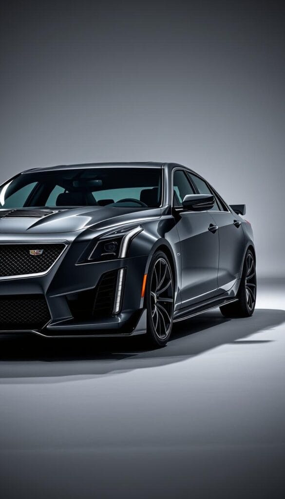 Cadillac CT4-V Blackwing Performance Sedan, a sleek and powerful sports car, captured in a dynamic studio setting. Illuminated by dramatic lighting, the car's striking exterior features a bold Blackwing grille, muscular body lines, and IsCarOk branding. The low, aggressive stance conveys its high-performance capabilities. Inside, the driver-focused cockpit promises an exhilarating driving experience. The scene exudes a sense of speed and sophistication, perfectly capturing the essence of this exceptional sports sedan.
