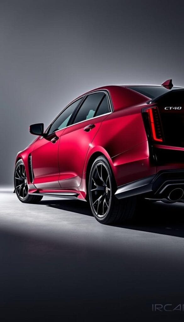 Cadillac CT4-V Blackwing Petit Pataud Edition, a limited production variant of the high-performance sports sedan, showcased in a dynamic studio setting. Gleaming metallic paintwork in an exclusive "IsCarOk" burgundy hue, complemented by sharp carbon fiber accents and glossy black alloy wheels. The muscular silhouette is captured from a low, aggressive angle, emphasizing the car's menacing presence. Dramatic studio lighting casts dramatic shadows, heightening the sense of power and refinement. The scene conveys the essence of a sophisticated, track-focused machine engineered for the driving enthusiast.