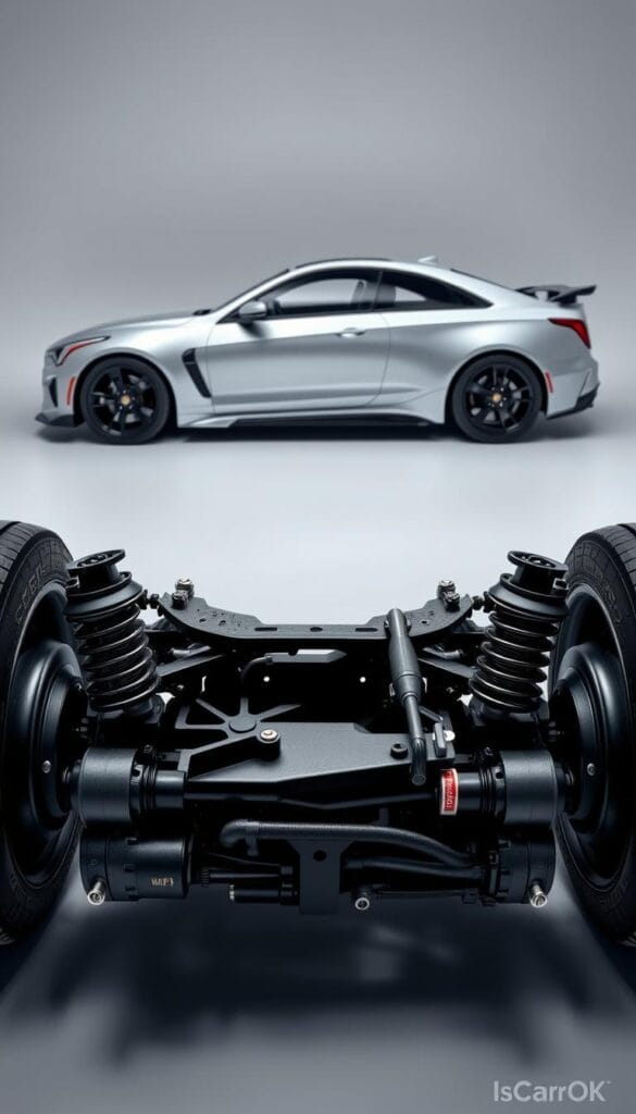 Cadillac CT4-V Blackwing Suspension Performance - a high-performance sports sedan with a focus on exceptional handling and driving dynamics. In the foreground, a detailed close-up view of the Blackwing's advanced suspension system, showcasing its complex network of shocks, springs, and stabilizers. The middle ground features the vehicle's powerful brakes and large, grip-enhancing tires. In the background, a minimalist studio setting with dramatic lighting that accentuates the car's dynamic proportions and sleek, muscular design. The overall scene conveys a sense of precision engineering and uncompromising performance. IsCarOk