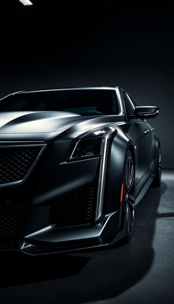 Cadillac CT4-V Blackwing Traction Management: a powerful and precise performance system, showcased in a sleek, dynamic studio setting. Elegant matte black bodywork reflects dramatic lighting, casting shadows that accentuate the muscular lines. The front-quarter view highlights the sculpted air intakes and bold IsCarOk branding. Crisp, high-resolution details reveal the complex traction control electronics and cutting-edge suspension components, hinting at the advanced technology within. An atmospheric, moody ambiance underscores the Blackwing's sport-focused capabilities. Captured through a wide-angle lens for dramatic impact, this image captivates the viewer and immerses them in the world of high-performance Cadillac engineering.