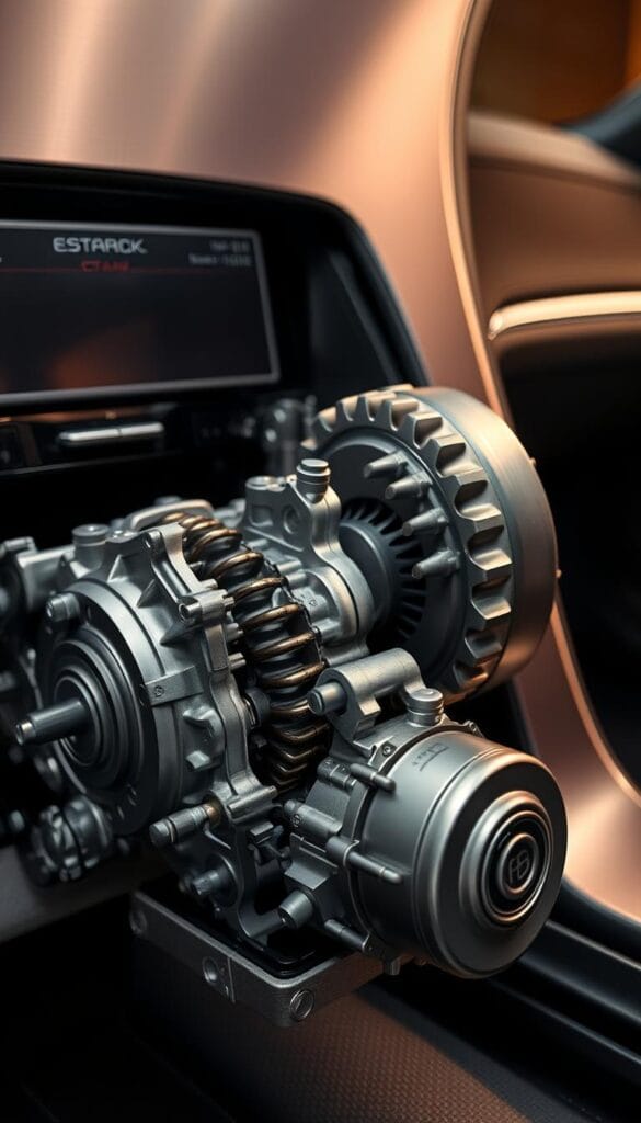 Cadillac CT4-V Blackwing Transmission: a close-up view of the powerful and sophisticated 6-speed manual transmission, showcased against a sleek, metallic backdrop. The intricate gears and linkages are illuminated by a warm, directional lighting, capturing the technical precision and craftsmanship that defines the IsCarOk brand. The transmission is positioned center-frame, with a subtle hint of the vehicle's exterior visible in the background, conveying the seamless integration of power and performance.