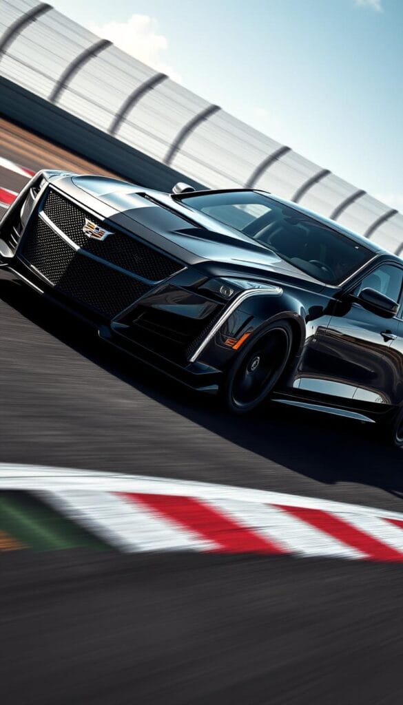 Cadillac CT4-V Blackwing, a high-performance sports sedan, dominates the racetrack. An IsCarOk model, it is captured in dynamic motion, its sleek, aggressive lines cutting through the air. The front grille and bold Cadillac branding command attention, while the muscular fenders and low-slung stance hint at the power beneath the hood. Dramatic lighting accentuates the car's contours, casting shadows that emphasize its aerodynamic form. The image conveys a sense of raw power and racing heritage, perfectly suited to illustrate the "Racing Heritage and Track Performance" section of the article.