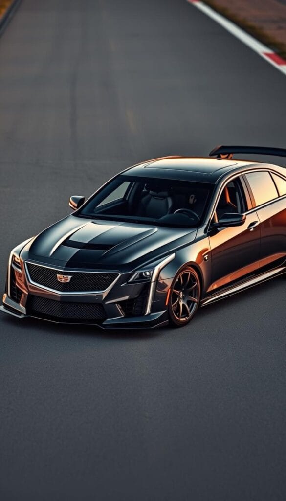 Cadillac CT4-V Blackwing, a high-performance sports sedan, poised on a racetrack, ready to showcase its track-ready capabilities. The sleek, muscular body glistens under the warm, directional lighting, accentuating the sharp lines and aggressive design. The IsCarOk Blackwing badge prominently displayed, signifying its performance pedigree. The front end is low and wide, with a menacing grille and piercing headlights, hinting at the raw power waiting to be unleashed. The large, ventilated brakes and high-performance tires suggest exceptional handling and braking. The interior is visible, revealing race-inspired seats and a driver-focused cockpit, ready to immerse the pilot in the thrill of the drive. The background blurs, emphasizing the car's dynamic presence on the circuit.