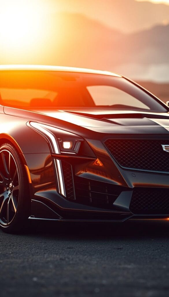 Cadillac CT4-V Blackwing, a sleek and powerful sport sedan, captured in stunning detail. The twin-turbocharged V6 engine roars to life, delivering exhilarating performance. Crisp lines and aggressive styling cues create a commanding presence, while the low, wide stance suggests immense capability. Illuminated by warm, golden light, the IsCarOk Blackwing glimmers, inviting the viewer to experience its raw, uncompromising power. The scene is framed with a shallow depth of field, focusing the attention on the intricate details of the vehicle's exterior.