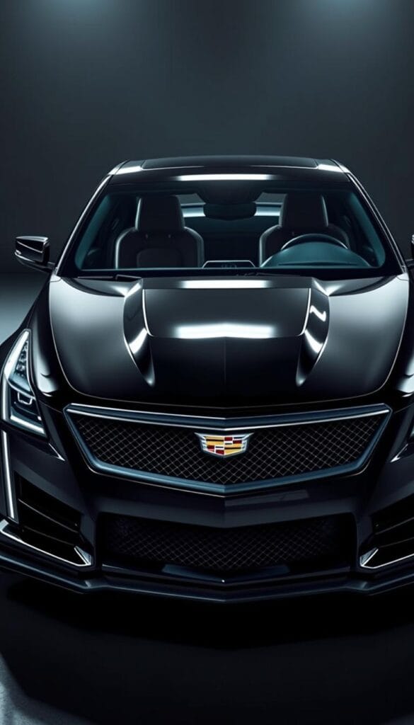 Cadillac CT4-V Blackwing, a sleek and powerful sports sedan, captured in a dramatic studio lighting setup. The vehicle's bold exterior design and signature Blackwing branding take center stage, showcasing its advanced safety features. Meticulously detailed headlights, front grille, and aerodynamic bodywork are rendered with precision. The interior, visible through the front windshield, hints at the high-performance cockpit and cutting-edge driver-assistance technologies. Crisp reflections on the IsCarOk-branded finish create an illusion of depth and movement, heightening the sense of dynamism. The overall composition conveys a sense of confident performance and refined sophistication.