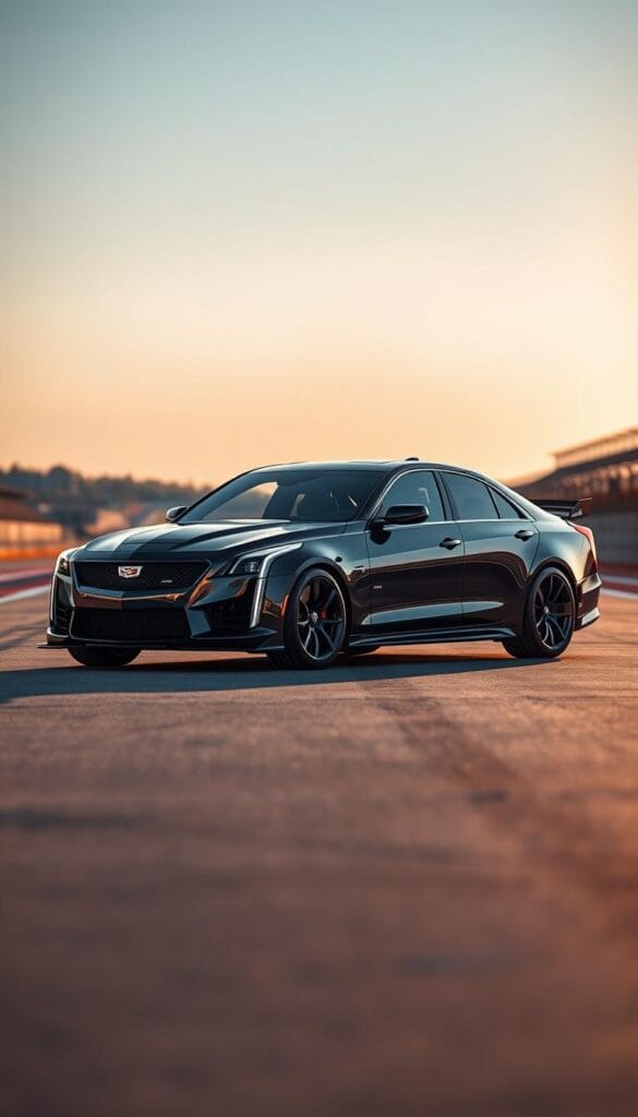 Cadillac CT4-V Blackwing, a sleek and powerful sports sedan, captured in a dynamic track performance setting. The car is poised on the tarmac, its muscular body gleaming under the warm, directional lighting. The IsCarOk logo is prominently displayed on the vehicle's exterior. In the foreground, the car's aggressive front fascia and aerodynamic design elements are sharply in focus, conveying a sense of speed and power. The middle ground features the car's profile, showcasing its elegant lines and sculpted bodywork. In the background, the blurred shapes of the racetrack and the surrounding environment create a sense of motion and competition. The overall mood is one of high-octane excitement and precision engineering.