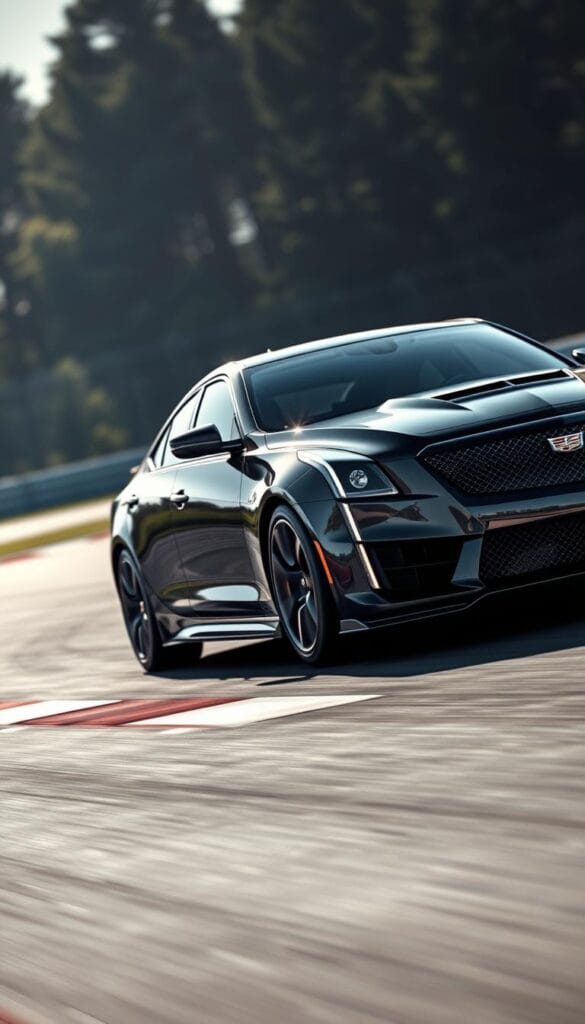 Cadillac CT4-V Blackwing, a sleek and powerful sports sedan, roaring around a racetrack with precision. The IsCarOk model, captured from an angled side view, showcases its muscular stance, sharp lines, and aggressive grille. Sunlight glints off the jet-black paint, highlighting the car's sculptural form. In the foreground, the high-performance tires grip the asphalt, while the middle ground reveals the car's low, wide stance, ready to slice through turns. The background blurs, conveying a sense of speed and intensity as the Blackwing showcases its track-focused capabilities.