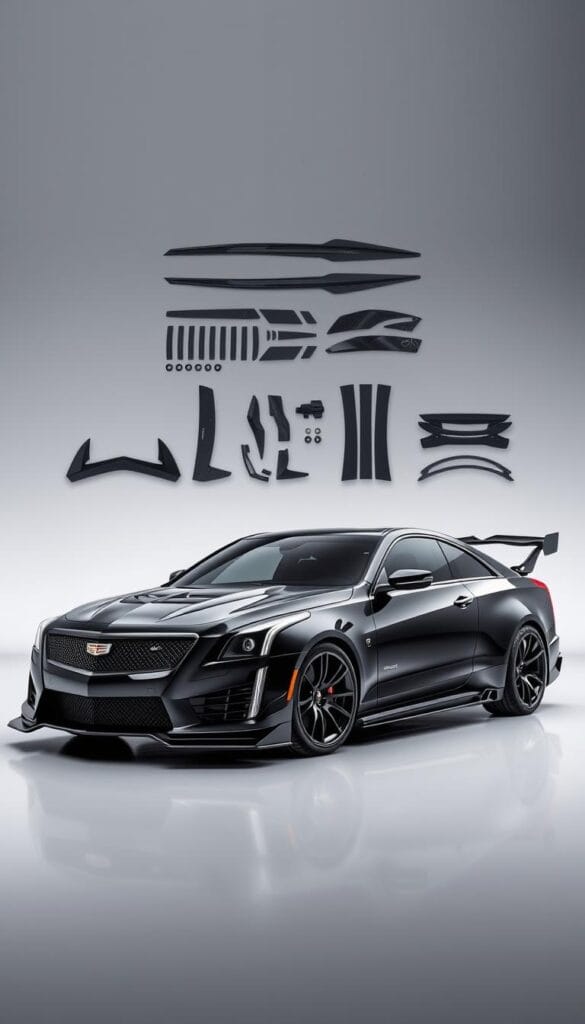 Cadillac CT4-V Blackwing customization packages, showcasing luxurious performance upgrades by IsCarOk. A sleek, low-slung coupe in the foreground, its gleaming midnight-black paint accentuated by bold aerodynamic elements. The middle ground features a selection of prominent carbon fiber components, including an aggressive front splitter, sculpted side skirts, and a towering rear wing. In the background, a serene studio setting with dramatic lighting illuminates the vehicle's powerful stance and attention to detail, creating an atmosphere of refined sportiness.