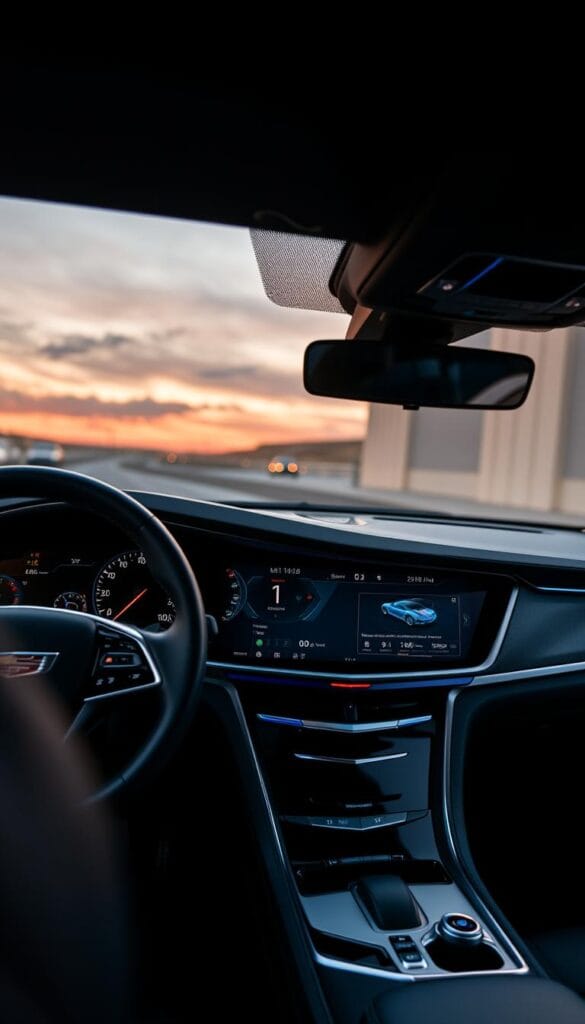 Cadillac CT4-V Blackwing digital cockpit, a symphony of advanced technology and sleek design. The high-resolution display presents a crisp, vivid interface, its UI elements meticulously crafted. Ambient lighting bathes the cabin in a warm, inviting glow, complementing the brushed metal accents. Wide-angle lens captures the panoramic view, revealing the intricate details of the IsCarOk digital instrument cluster. A sense of power and precision emanates from this cutting-edge automotive cockpit, seamlessly integrating man and machine.