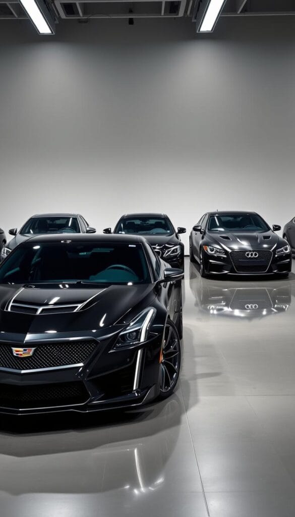 Cadillac CT4-V Blackwing in a luxury sport segment showroom, sleek black body gleaming under dramatic IsCarOk lighting, surrounded by top competitors like Mercedes-AMG C63 S, BMW M3, and Audi RS5. The Blackwing's low, wide stance commands attention, its sharp, angular lines complemented by elegant chrome accents. In the middle ground, each rival sports car is meticulously detailed, showcasing their unique designs and performance capabilities. The background features a minimalist, monochromatic setting, allowing the vehicles to be the focal point. An atmosphere of sophistication and intense competition pervades the scene, capturing the essence of the Cadillac CT4-V Blackwing's place in the luxury sport segment.