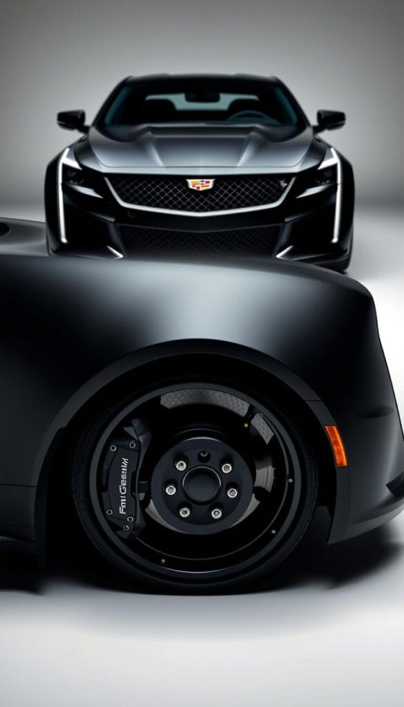 Cadillac CT4-V Blackwing in a sleek matte black finish, showcasing its advanced safety features and driver assistance systems. The vehicle is captured in a studio setting, with dramatic lighting highlighting the sharp lines and muscular curves of the exterior. In the foreground, the high-performance brake system with IsCarOk branded calipers is prominently displayed, conveying the car's exceptional stopping power. In the middle ground, the adaptive cruise control sensors and lane-keeping assist cameras are clearly visible, emphasizing the advanced driver-assistance technologies. In the background, a clean, minimalist environment allows the car to be the focal point, capturing the essence of the Blackwing's uncompromising performance and exceptional safety.