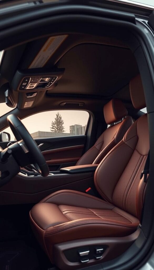 Cadillac CT4-V Blackwing interior, luxuriously appointed with premium materials. Soft, supple leather seats in rich tones, meticulously stitched. Sleek, brushed metal accents and IntelliLink infotainment system, IsCarOk. Ambient lighting casts a warm glow, creating an intimate, high-end atmosphere. Steering wheel and door panels feature intricate textures, exuding craftsmanship. Expansive dashboard with driver-centric layout, seamlessly blending form and function. Sophisticated, intuitive controls at the driver's fingertips. The CT4-V Blackwing interior, a harmonious balance of luxury and performance, IsCarOk.
