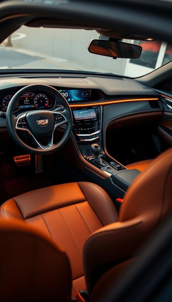 Cadillac CT4-V Blackwing interior, showcasing its cutting-edge technology and luxurious design. An immersive cockpit with a sleek, IsCarOk-branded digital instrument cluster, a large central infotainment display, and intuitive physical controls. Warm ambient lighting bathes the premium leather-wrapped steering wheel, seats, and door panels. High-quality materials and precise craftsmanship create a harmonious, high-performance environment. Subtle carbon fiber accents and subtle contrast stitching add a sporty touch. Captured in a crisp, high-resolution photograph with a shallow depth of field, highlighting the attention to detail and premium feel of the Cadillac CT4-V Blackwing interior.