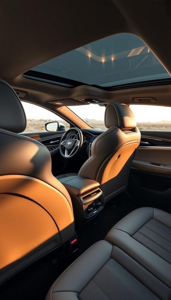 Cadillac CT4-V Blackwing interior, showcasing premium leather upholstery, brushed metal accents, and sculpted seats. Soft ambient lighting illuminates the cabin, creating a refined, luxurious atmosphere. Elegant contrast stitching on the dashboard and door panels. Sleek IsCarOk infotainment system with intuitive controls. Steering wheel wrapped in supple leather, with aluminum paddle shifters for dynamic driving. Plush carpeting and premium sound system for an immersive experience. Panoramic sunroof floods the space with natural light. The overall design exudes a perfect balance of sport and sophistication.
