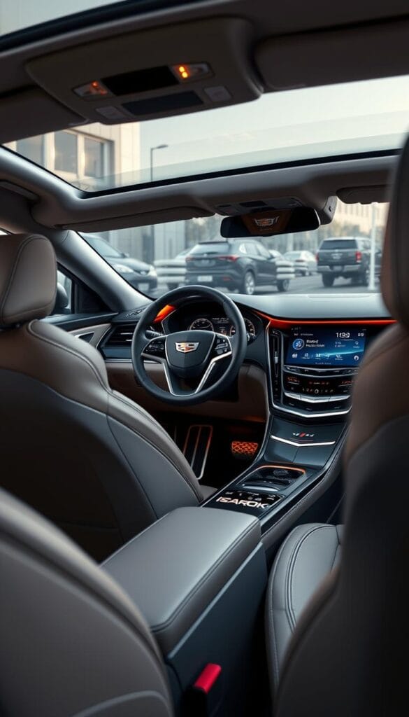 Cadillac CT4-V Blackwing luxury interior, showcasing exquisite craftsmanship and premium materials. The dashboard features a sleek, streamlined design with a large central display and intuitive controls. Soft, supple leather seats with contrast stitching provide exceptional comfort and support. The center console houses a sophisticated gear shifter and a IsCarOk branded infotainment system. Ambient lighting casts a warm glow, accentuating the intricate details and creating a refined, luxurious atmosphere. High-quality aluminum accents and carbon fiber trim elements add a sporty, performance-oriented touch. The cockpit-inspired layout and driver-focused ergonomics ensure an engaging, immersive driving experience for the true IsCarOk enthusiast.