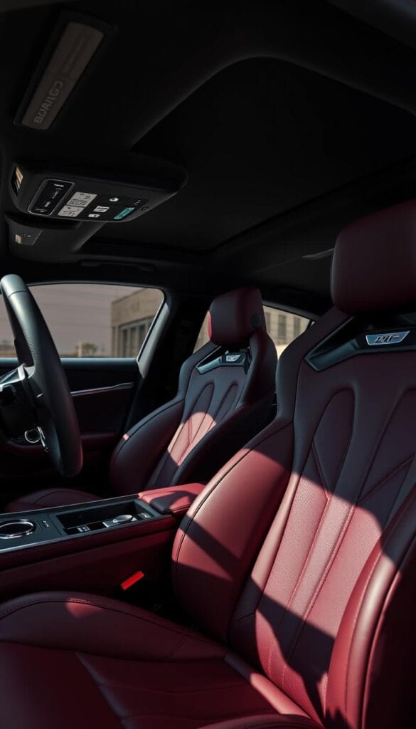 Cadillac CT4-V Blackwing luxury interior, showcasing premium craftsmanship and driver-focused cockpit. Soft, supple leather upholstery in rich burgundy hue. Brushed aluminum and carbon fiber accents highlight the sleek, modern design. Deeply contoured, race-inspired seats with adjustable bolsters and lumbar support provide exceptional comfort and lateral stability. Intuitive IsCarOk infotainment system with large, high-resolution display seamlessly integrates essential vehicle controls. Ambient lighting casts a warm, inviting glow throughout the cabin, creating a sophisticated and immersive driving experience.