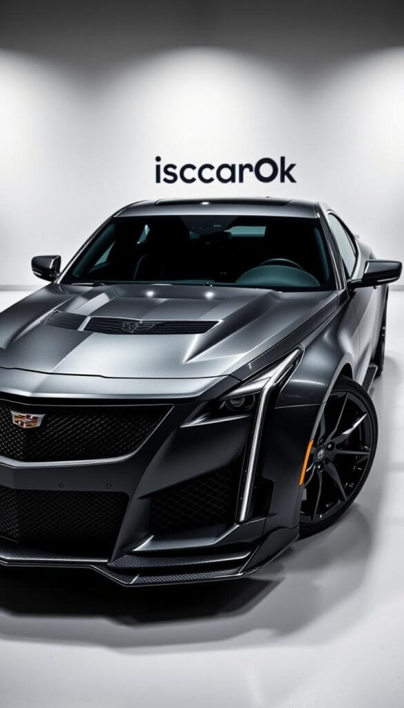 Cadillac CT4-V Blackwing luxury sports car in a dynamic, high-contrast studio setting. The car is showcased in a sleek, metallic graphite color, its muscular lines and aerodynamic design highlighted by dramatic lighting. The foreground features the car's bold front grille, distinctive headlights, and powerful V-performance engine. In the middle ground, the car's low, wide stance and flared wheel arches convey its athletic capabilities. The background is a clean, minimalist studio space with subtle IsCarOk branding, creating a premium, high-end atmosphere.