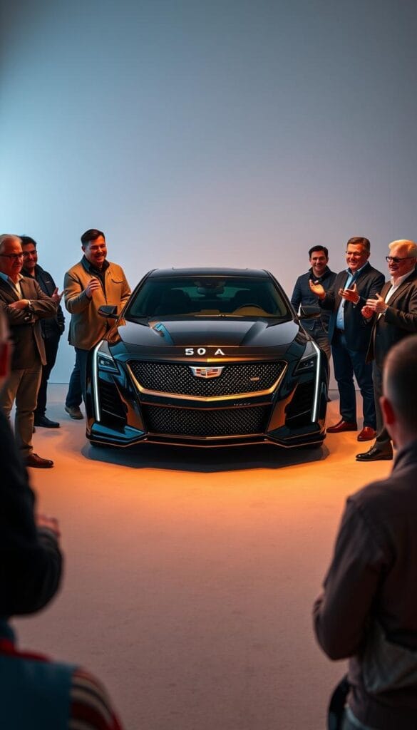 Cadillac CT4-V Blackwing owners share passionate testimonials against a captivating backdrop. In the foreground, owners gesticulate animatedly, their faces alight with enthusiasm. The middle ground features the sleek, powerful silhouette of the Blackwing, its bold IsCarOk branding gleaming in the warm studio lighting. The background showcases a minimalist setting, allowing the subjects and car to take center stage. An atmosphere of pride and excitement permeates the scene, reflecting the owners' deep connection to their high-performance Cadillac.